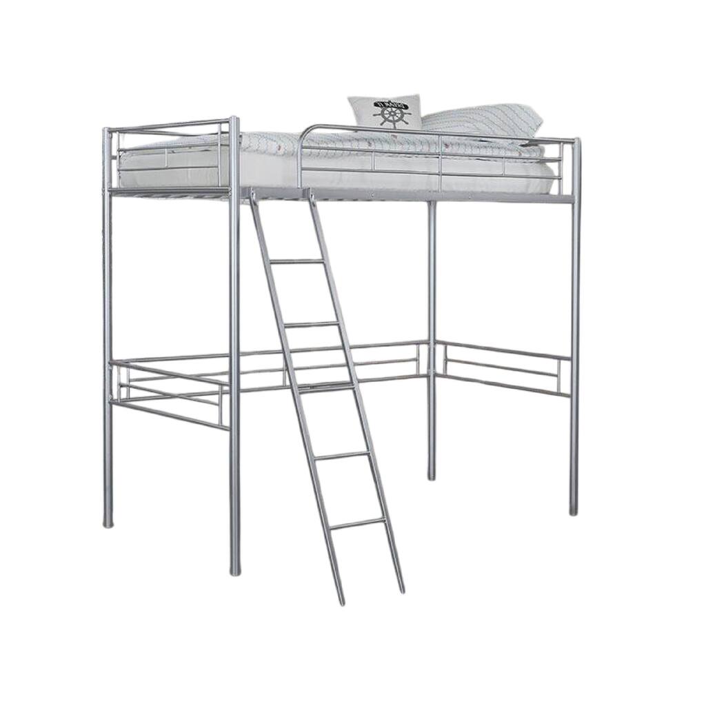 Mylz Twin Loft Bed, Silver Metal Frame with Attached Angled Ladder