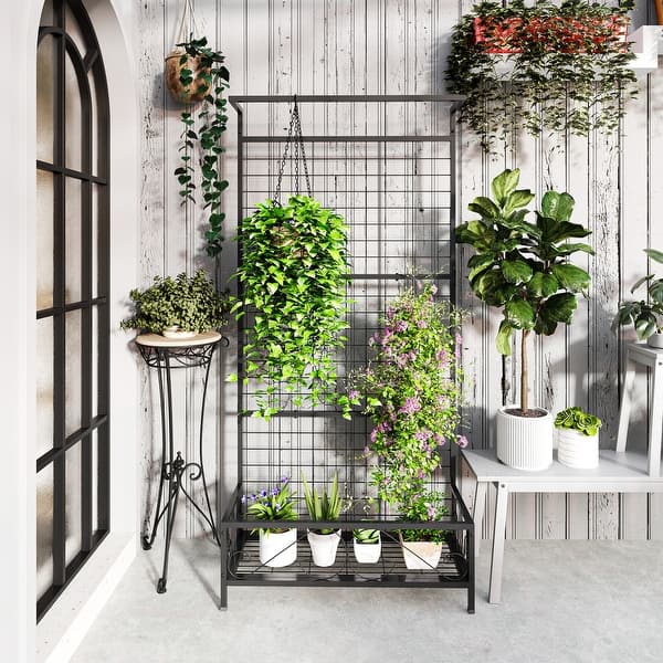 Outsunny Tall Plant Stand with Trellis and Hanging Bar, Metal Plant Holder  Flower Stand - On Sale - Bed Bath & Beyond - 42410817