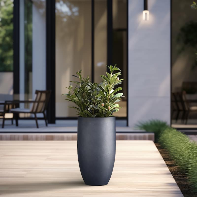 Textured Granite Gray Tall Concrete Round Plant Pots / Large Indoor and Outdoor flower Planters (13.5 Inch x 24.5 Inch)