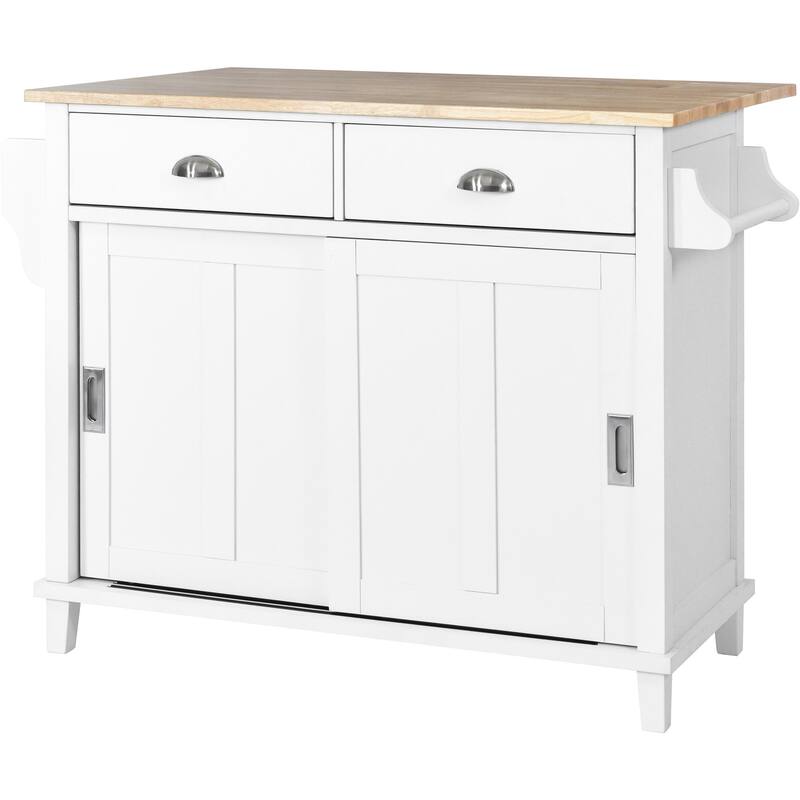 52.20'' Rubberwood Kitchen Cart with Drop-leaf, Sliding Door, Adjustable Shelf, Removable Wheels and 2 Drawers