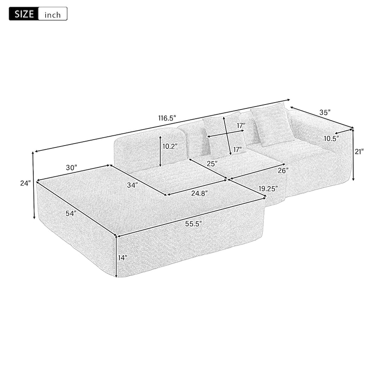 Grey 116.5" Versatile 4-Seater Sectional Sofa with Customizable 4-Piece Design in Ultra-Soft Boucle Fabric and Two Back Cushions