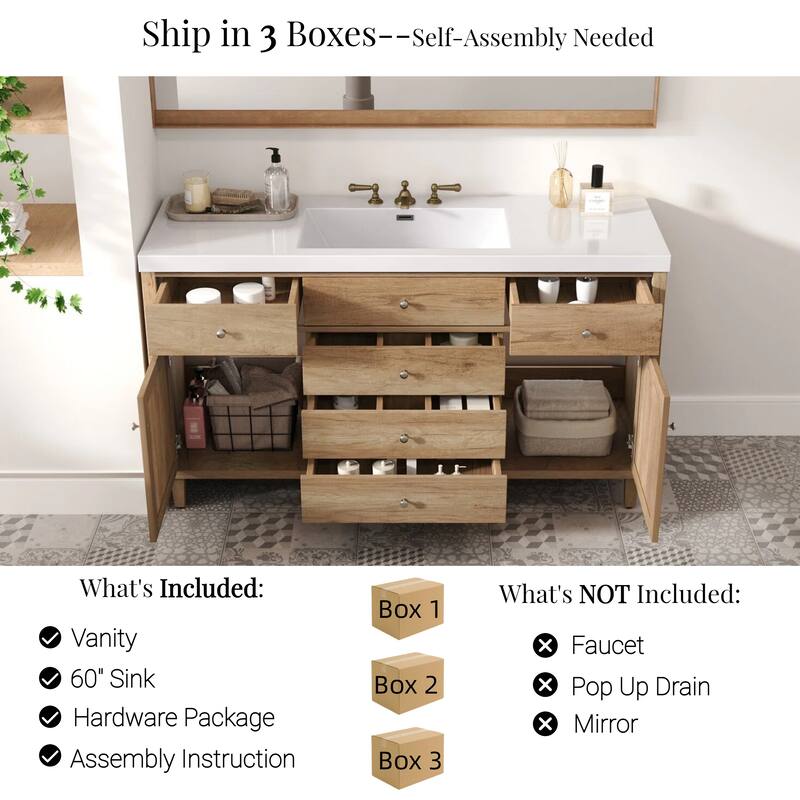 60" Bathroom Vanity with SMC Sink,Large Storage Bathroom Storage Cabinet with Soft Close Drawers and Rattan Doors, 5 Pine Legs