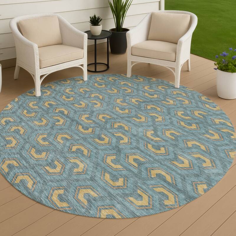 Machine Washable Indoor/ Outdoor Modern Zoa Chantille Rug - Teal - 8' x 8'