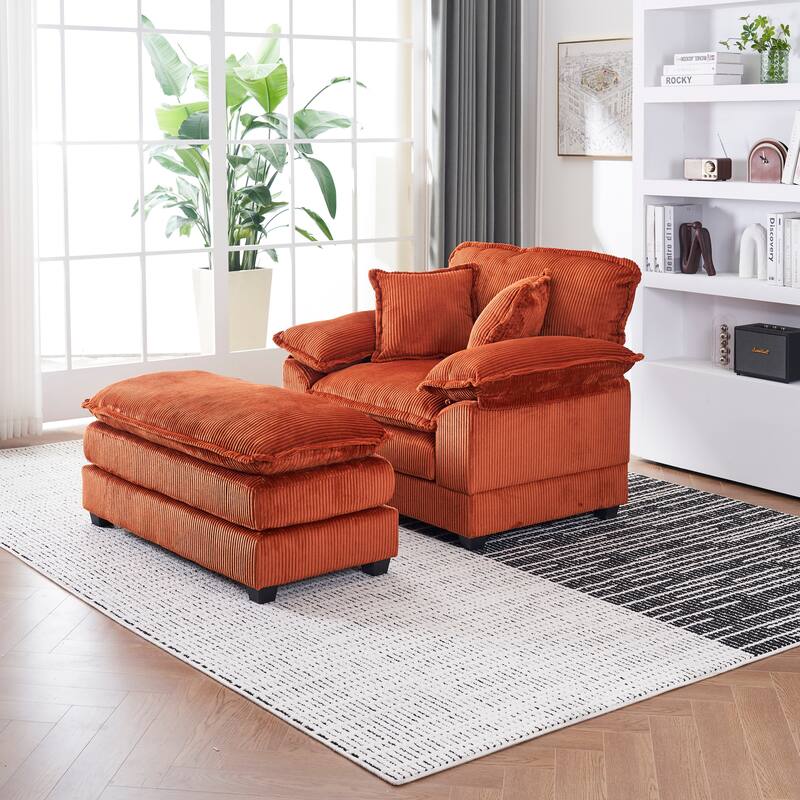 56.3" Corduroy Single Sofa Chair with 2 Toss Pillows & a Ottoman