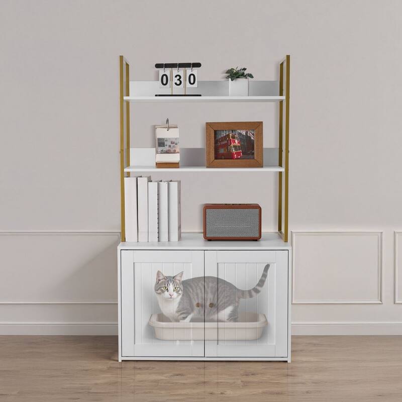 Modern White Cat Litter Box Enclosure with Gold Handles and Dual Door Hidden Cat Cabinet Table - 27.56 x 17.72 x 49.02 in