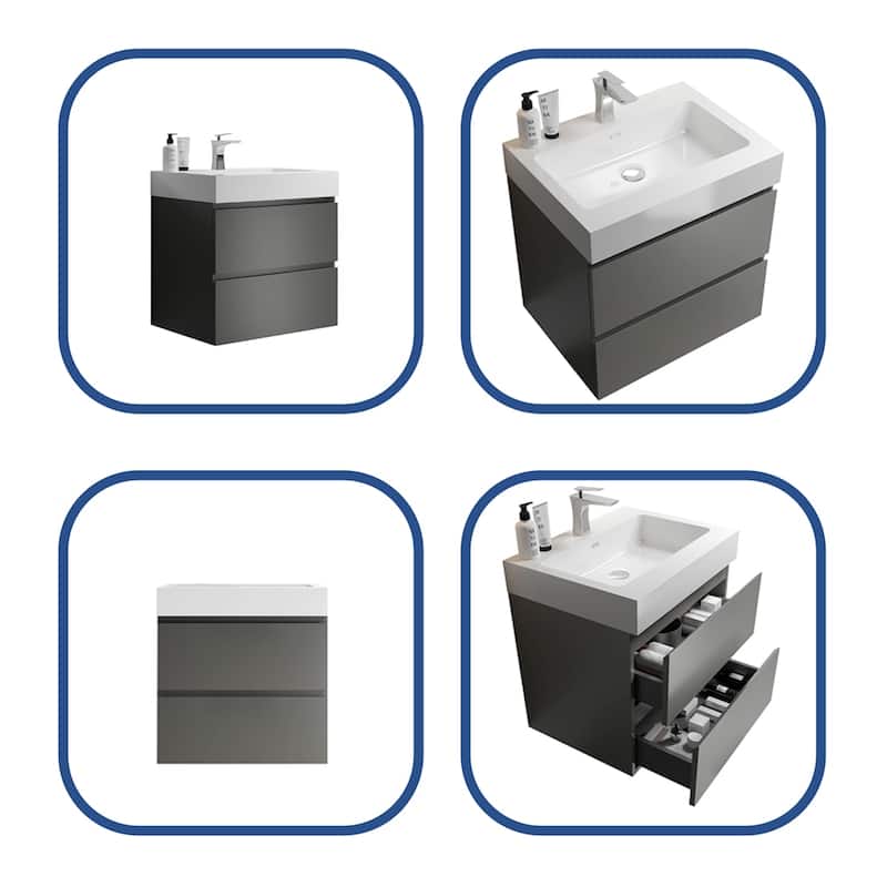 Gray Storage Wall Mounted Floating Bathroom Vanity with Sink