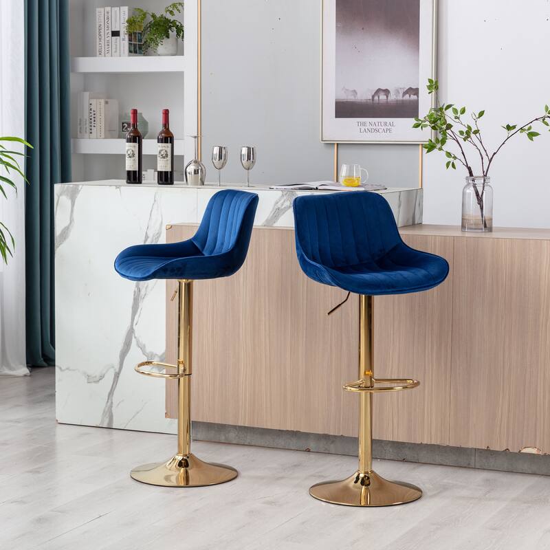 2 Velvet Bar Stools with Chrome Footrest and Base Swivel Height Adjustable - N/A