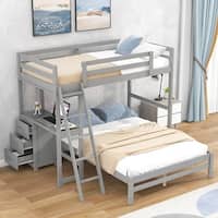 Twin over Full Bunk Bed with Built-in Desk and 3 Drawers, Grey - Bed ...