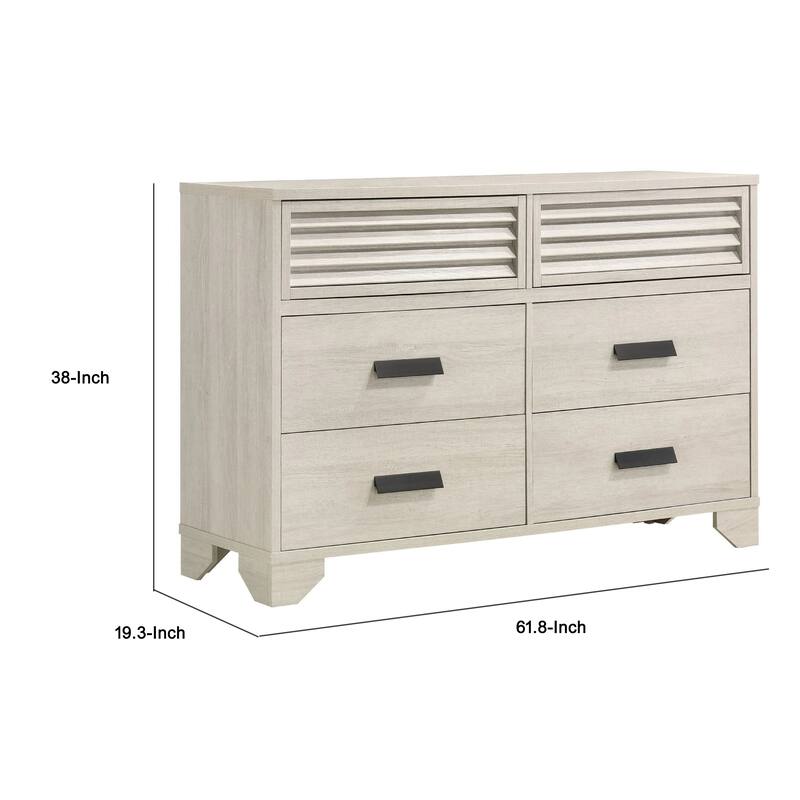 Sary 2pc Dresser and Mirror Set, 6 Drawers, Finger Handles, Off White Wood