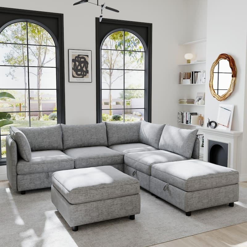 129" Chenille Sectional Sofa with Storage and Two Ottomans