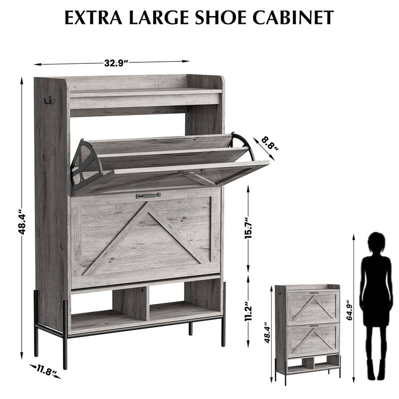 Shoe Cabinet with 2 Flip-Up Drawers, Hidden Shoe Storage Cabinet with Open Storage for Entryway, Hallway, Bedroom
