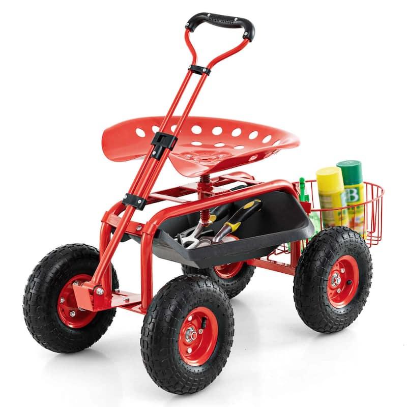 Costway Garden Cart Patio Wagon Roll Work Seat with Tray Basket - See Details