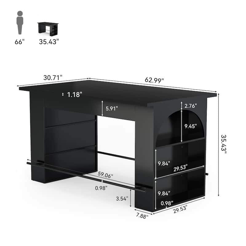63" Long Bar Table, Counter Height Pub Table with Footrest and Storage - 30.71"D x 62.99"W x 35.43"H
