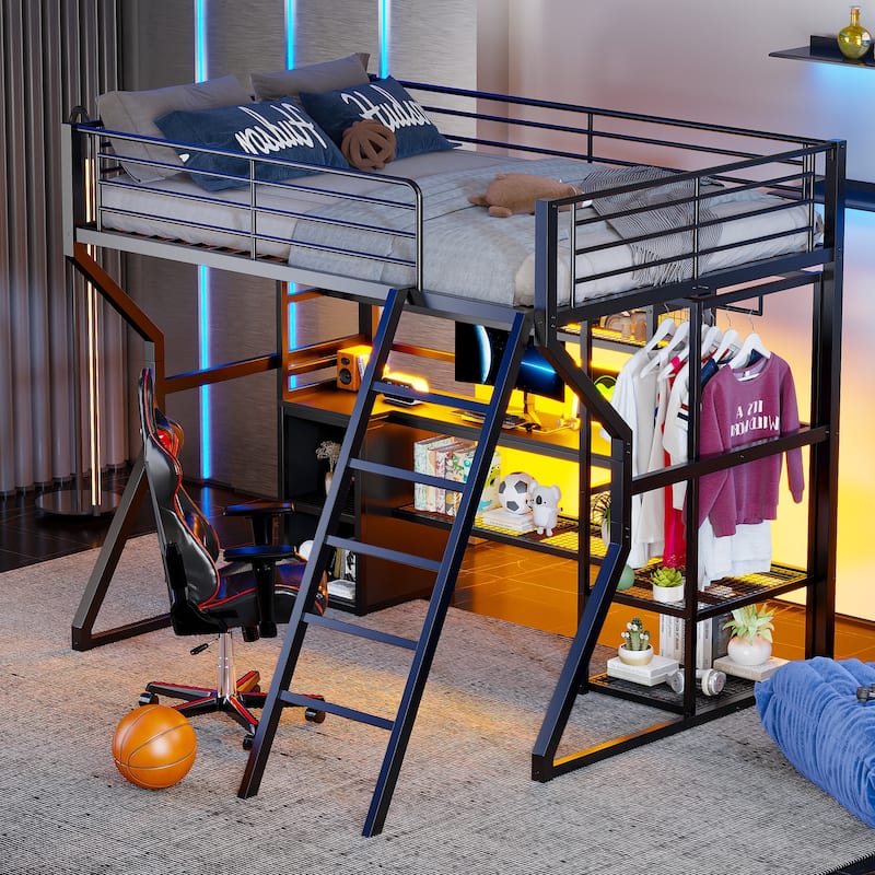 Full Metal Gaming Loft Bed - Built-in Desk, Wardrobe & LED Lights, Multi-Storage