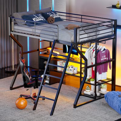 Full Size Gaming Loft Bed with Built-in Desk & Open Wardrobe, Space-Saving Metal Loft Bed Frame w/LED Lights & Charging Station