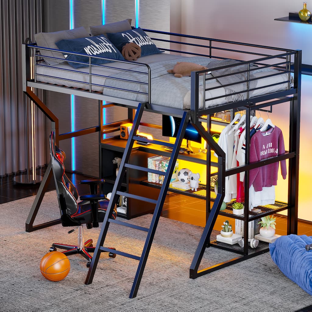 Full Size Gaming Loft Bed with Built-in Desk & Open Wardrobe, Space-Saving Metal Loft Bed Frame w/LED Lights & Charging Station