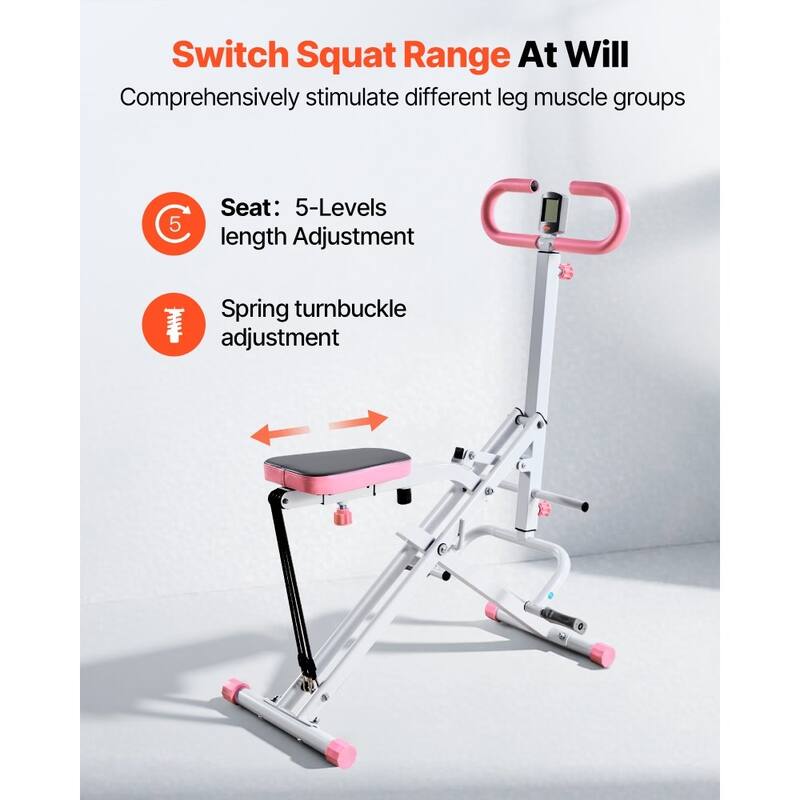 Pink-White Steel Deep Squat Training Machine with Adjustable Seat and Resistance Bands - 35.4 x 22.8 x 44.1 in