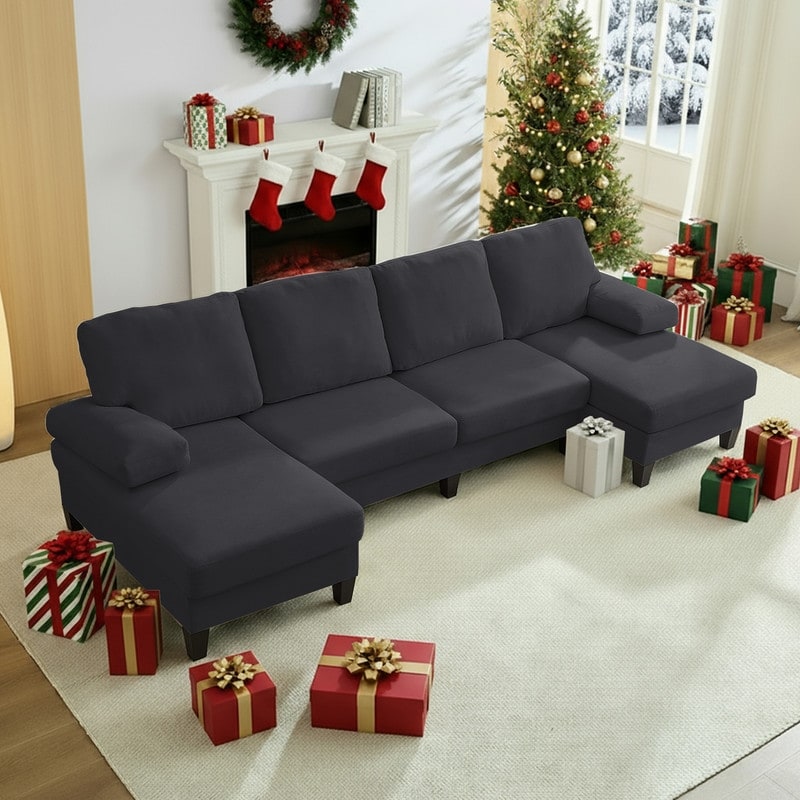 Mixoy W110"Velvet U-Shaped Sectional Sofa Couches,Upholstered 4-Seater Sofa with Double Chaises and Sleepable Armrest