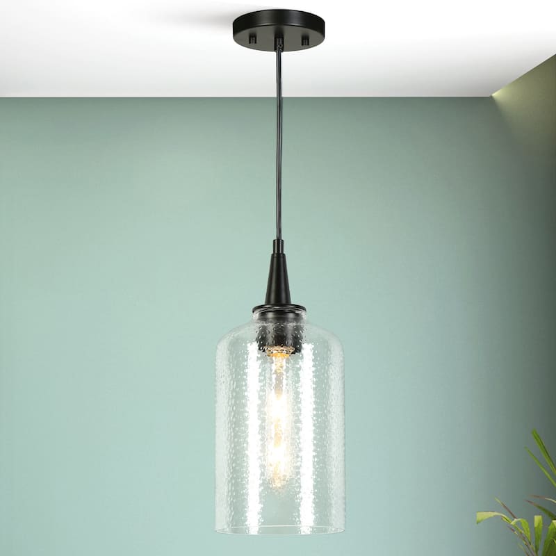 Modern Farmhouse 1-Light Black Pendant Hammered Glass Island Lights for Dining Room