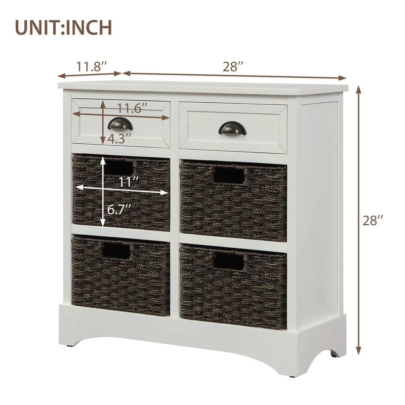 Rustic Storage Cabinet with Two Drawers and Four Classic Rattan Basket