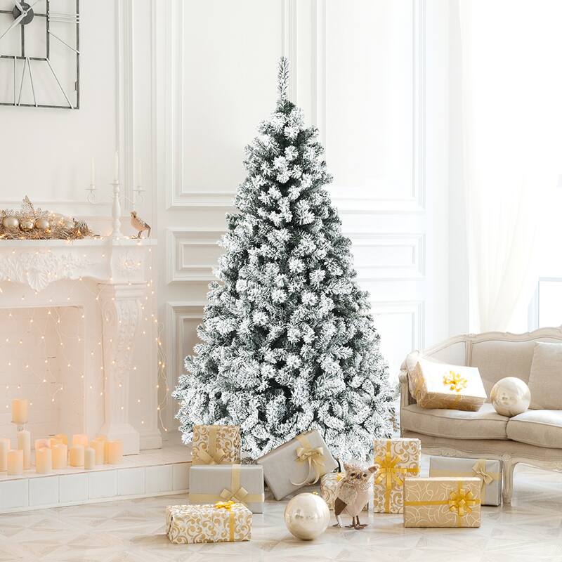 Gymax 6/7.5/9 FT Pre-Lit Christmas Tree Snow Flocked Hinged Pine Tree