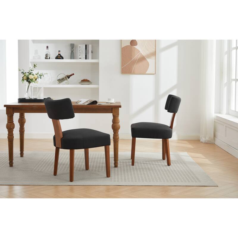 Set of 2 Linen Fabric Modern Armless Dining Chairs With Curved backrest and Solid Wooden Legs for Dining Room Living Room ,Black