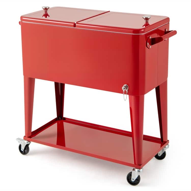 Metal Rolling Cooler Ice Chest with Wheels, Insulation and Bottle Opener - 36" x 15.5" x 34.5" - Red