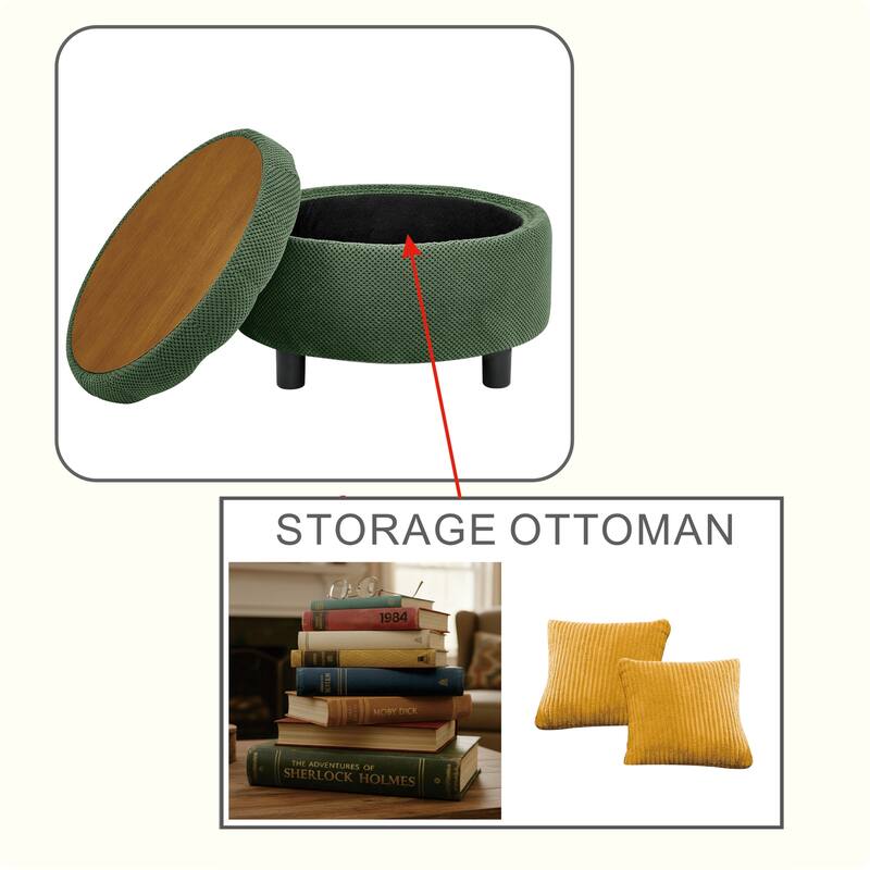 Round Storage Ottoman with Lift-Off Tray and Upholstered Fabric