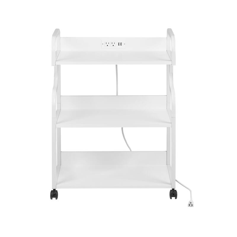 VECELO Mobile Printer Stand with Outlets & Locking Wheels White Rolling Cart Home Office Cart with USB Charging Station