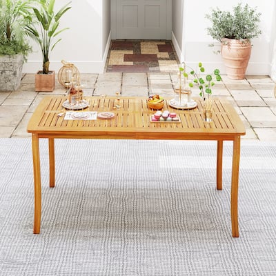 63 Inch Acacia Wood Outdoor Dining Table with Umbrella Hole for Patio Backyard Garden - 63" x 32" x 30"
