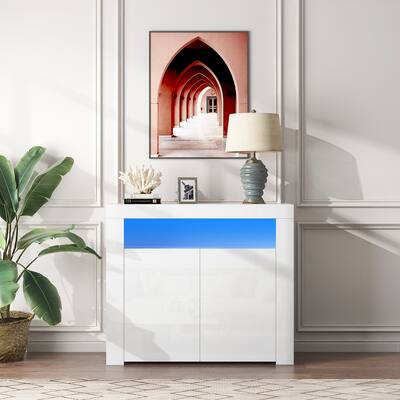 LED Lighted White/Grey High Gloss Sideboard Cabinet - Modern Wooden Buffet with Drawer, 2 Doors, Open Cubby Space