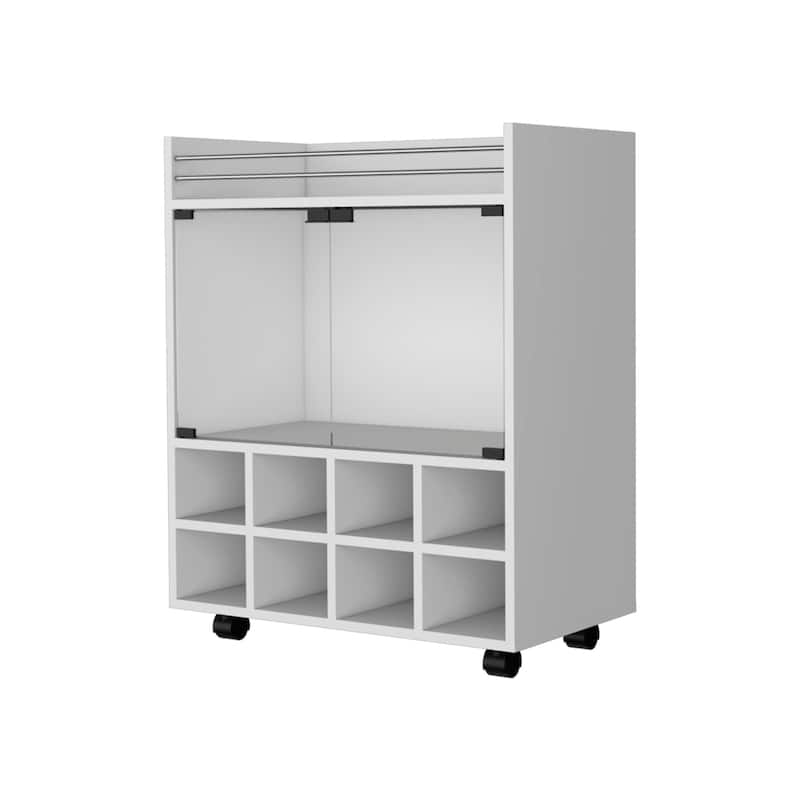 Modern White Bar Cart with Wine Rack and Cabinet Storage Holds 8 Bottles, Rolling Wheels, Wood Frame - 25.8" x 14.7" x 32.28" - White