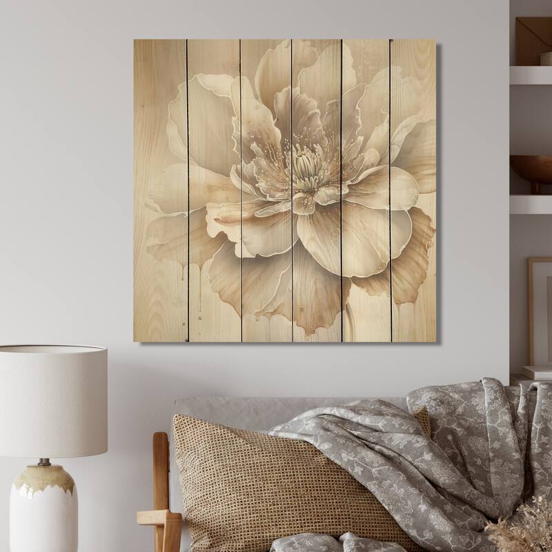 Designart 'Blooming Beige Floral Design II' Floral Wood Wall Art - Natural Pine Wood