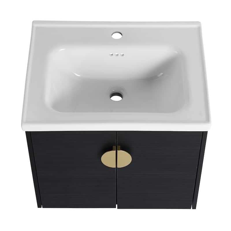 24-Inch Soft-Close Bathroom Vanity with Ceramic Sink, Ample Storage, Wall-Mounted Design for Compact Bathrooms