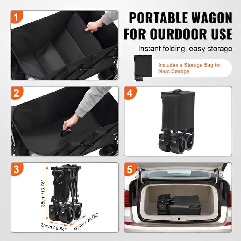 Black Oxford Iron Wagon 265lbs Foldable Cart with 150L Storage - 35.04 x 21.26 x 42.52 inch