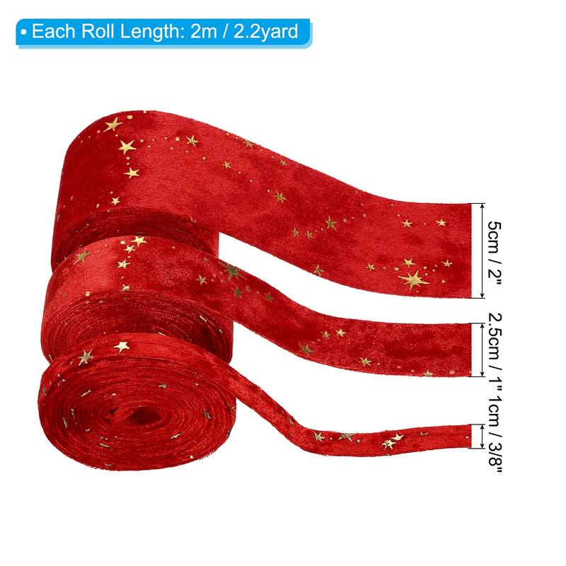 3/8", 1", 2" Velvet Ribbons Set, 3 Roll Total 6.6 Yard Craft Ribbon - Red