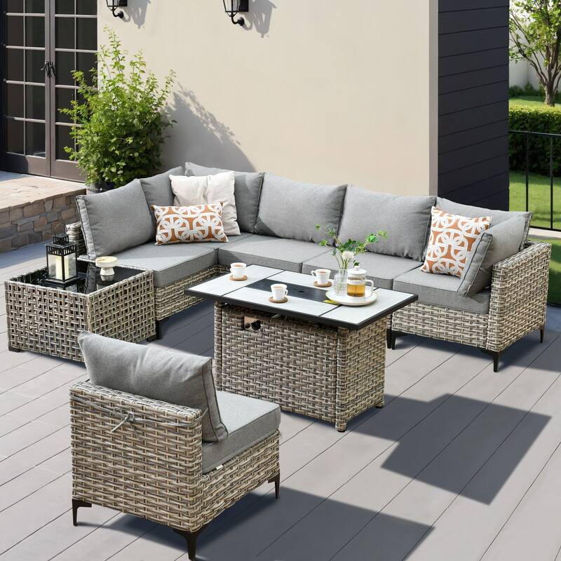 XIZZI 8-Piece Outdoor Wicker Furniture Sectional Set with Firepit - Dark Grey
