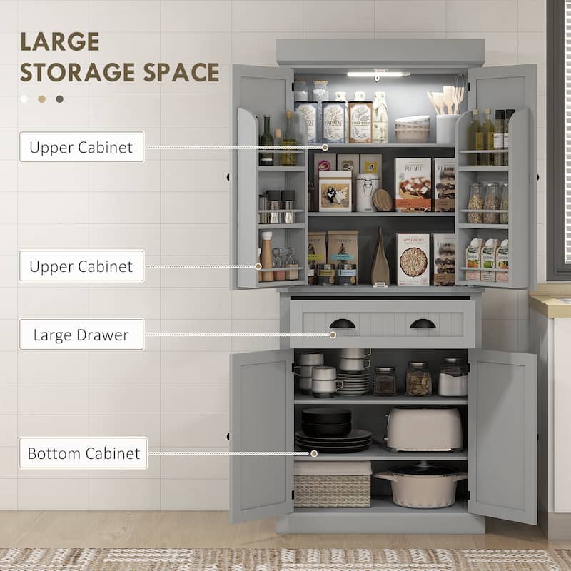 Tall Kitchen Pantry Cabinet with Adjustable LED Light and Drawer Shelves for Organized Storage - 30.1" W x 15.7" D x 71.3" H