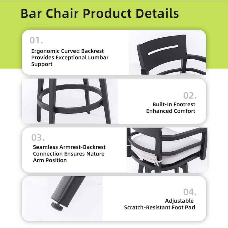 Outdoor 2-Piece Swivel Bar Chairs,Ergonomic Backrest & Armrests,Sunbrella Cushion,Weather-Resistant & Durable Patio Bar Stool