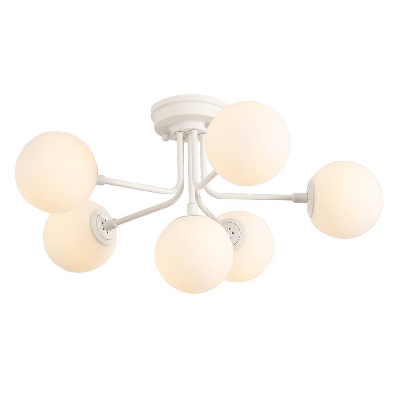 24" 6-Light Globe Modern Industrial Iron Bistro LED Semi Flush Mount, By JONATHAN Y - White