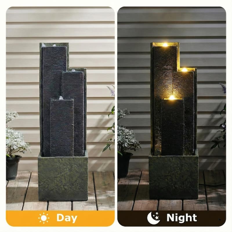 39" H Outdoor Water Fountain Modern Cascading Freestanding Fountain with LED Lights for Garden Patio Porch Lawn Backyard Decor