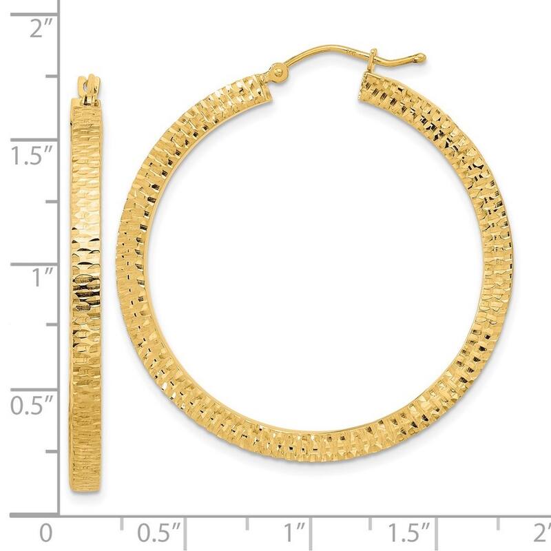 Curata 14k Yellow Gold Polished and Hammered 40.64x3mm Hoop Earrings