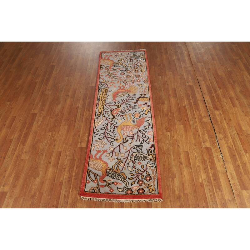 Hand Knotted Oriental 100% Wool Carpet Traditional All-Over Greys & Charcoal Ziegler Runner Rug - 7' 11'' X 2' 5''