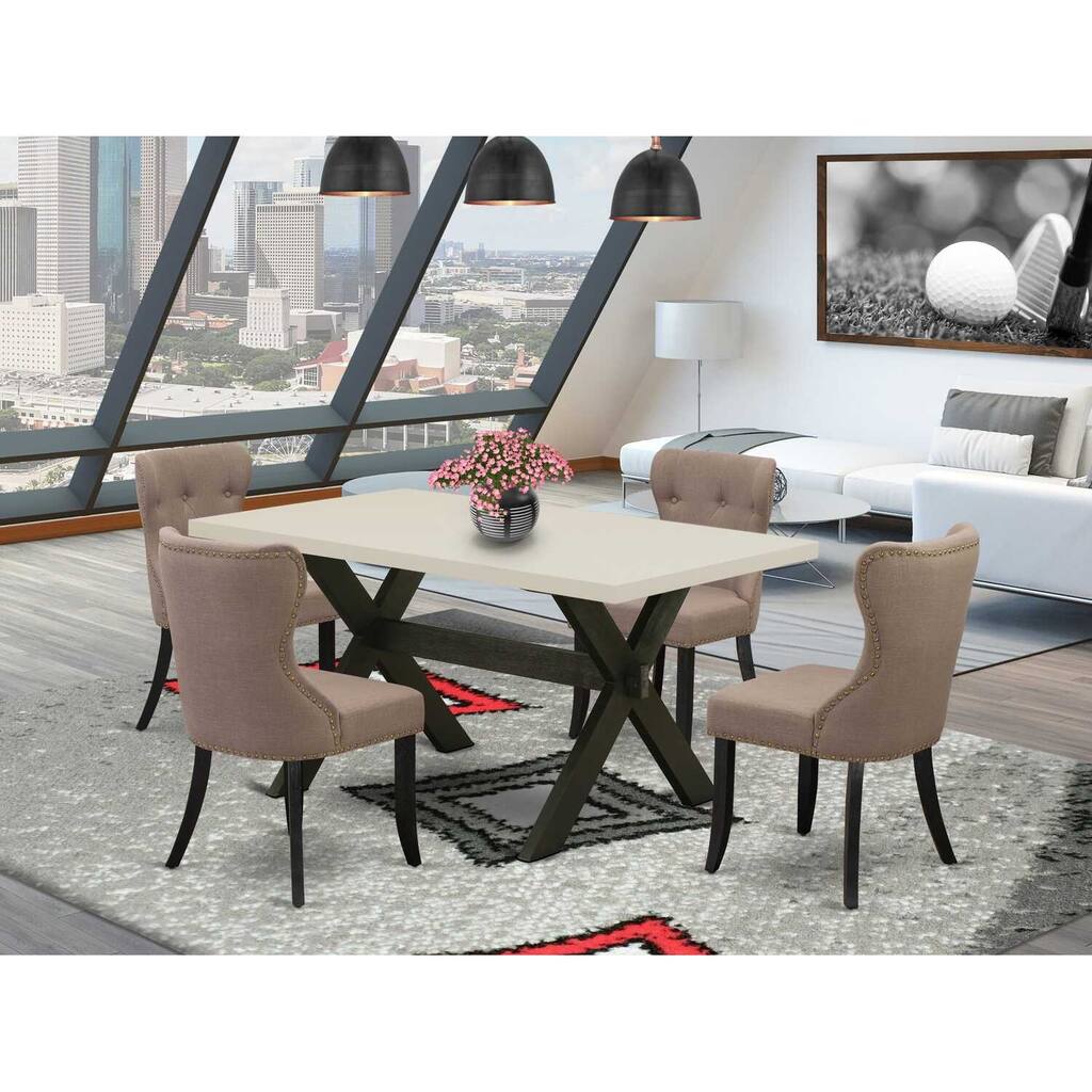HomeStock 5-Piece Rectangle Natural Oak Finish Solid Wood Top Dining Table with 4 Parson Chair with Lattice Back