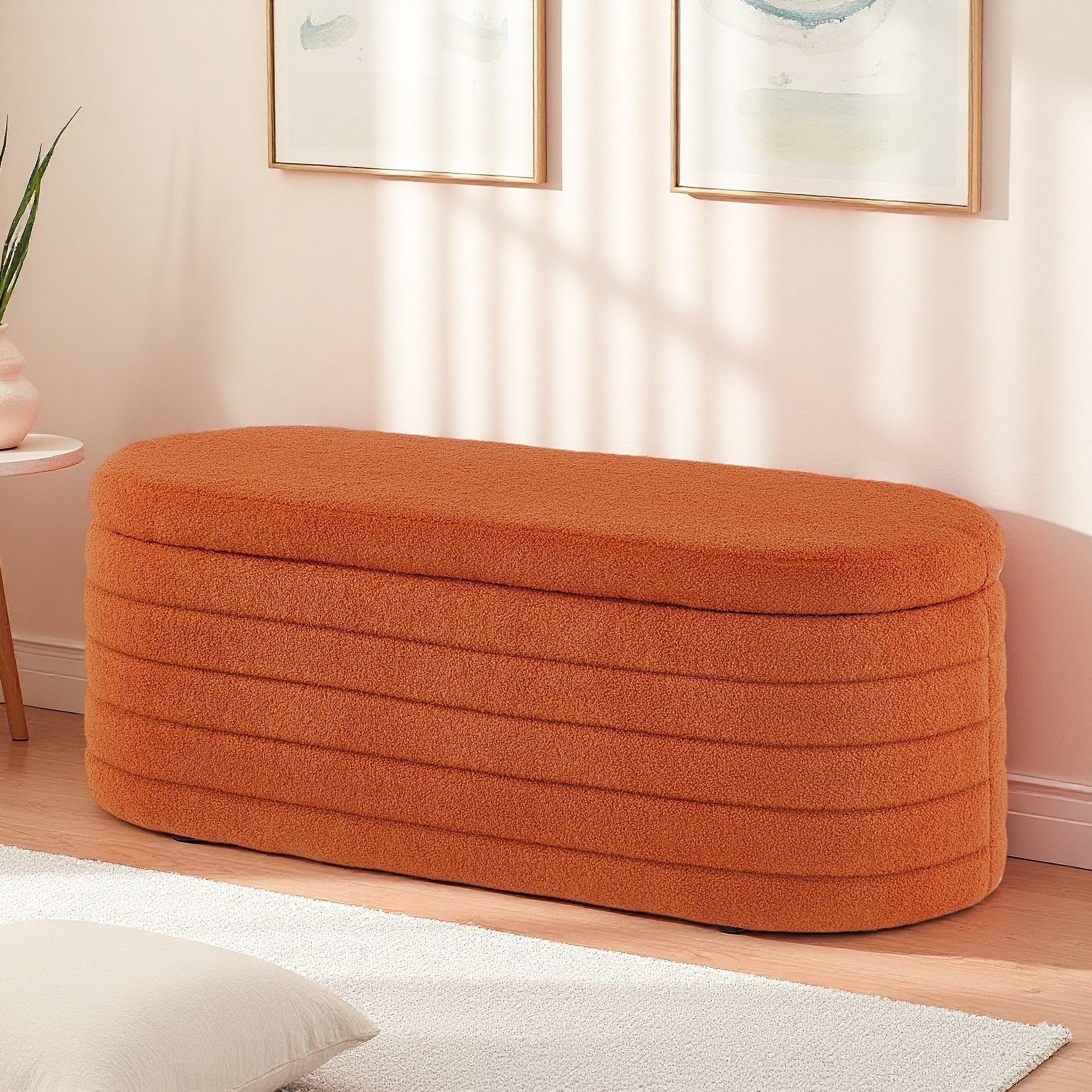 43"L Large Oval Storage Ottoman End of Bed Bench, Upholstered Boucle Teddy Fabric, Safety Hinge, Extra Seating, Hidden Storage