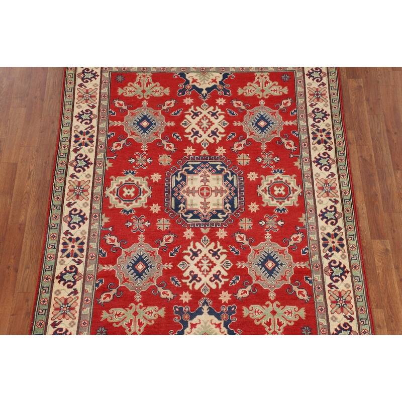 Geometric Red Kazak Oriental Rug Hand-Knotted Living Room Wool Carpet - 5'0" x 6'8"