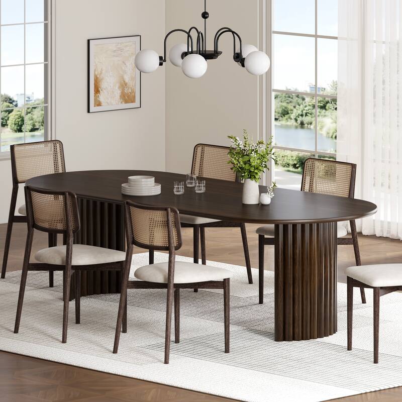 Oval Dining Table with Arc-Shaped Edge Top and Stripes Base Modern Farmhouse Kitchen Table for Living Room Dining Room