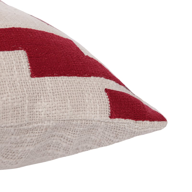 HomeRoots 20" Red and Ivory Geometric Cotton Blend Throw Pillow With Embroidery