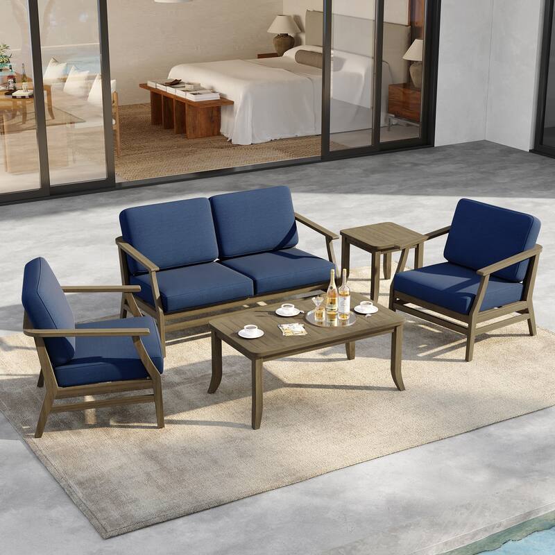 5-Piece Outdoor Teak Wood Patio Conversation Set with Cushions