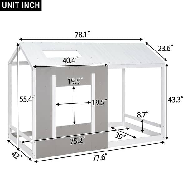 dimension image slide 1 of 2, Modern Twin Size House Platform Kids Bed with Roof and Window, Solid Pine Wood Frame, Easy Assembly, White+Antique Grey